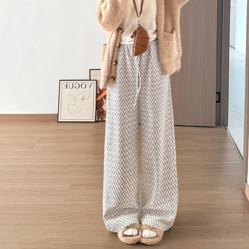 الخريف الشتاء رشاقته الدافئة شريط مستقيم السراويل النساء Harajuku الاتجاه فضفاض واسعة الساق بانت عالية الخصر الدانتيل متابعة محبوك بنطلون #2