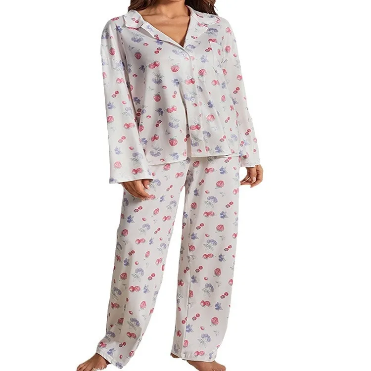 خواتین کا پاجامہ سیٹ، لمبی بازو والے بٹن اوپر قمیض، پھول اور پھلوں کی پرنٹ شدہ چوڑی ٹانگوں کی پتلون، پاجامہ