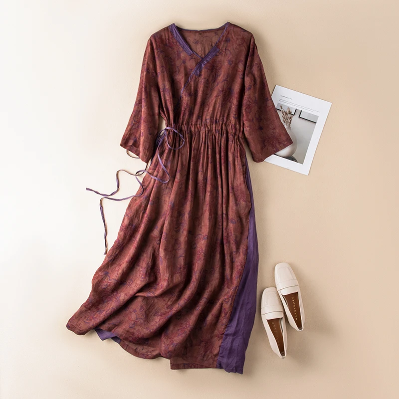 2024 Women Ramie Cotton Dress Summer Flower Print Vintage High Waist A Line Long Dress Fmale Casual Loose Clothing F188