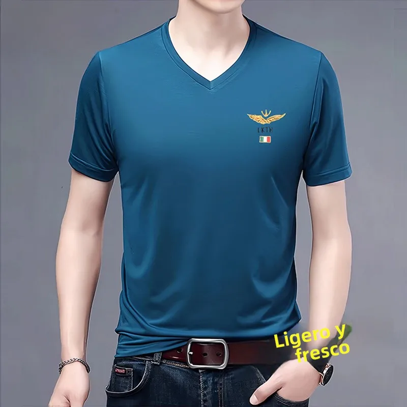 Camiseta de Manga Corta para Hombre Pierre Cardin, Verano, Seda Helada, Delgada, Holgada, Cuello en V, Estilo Casual Urbano