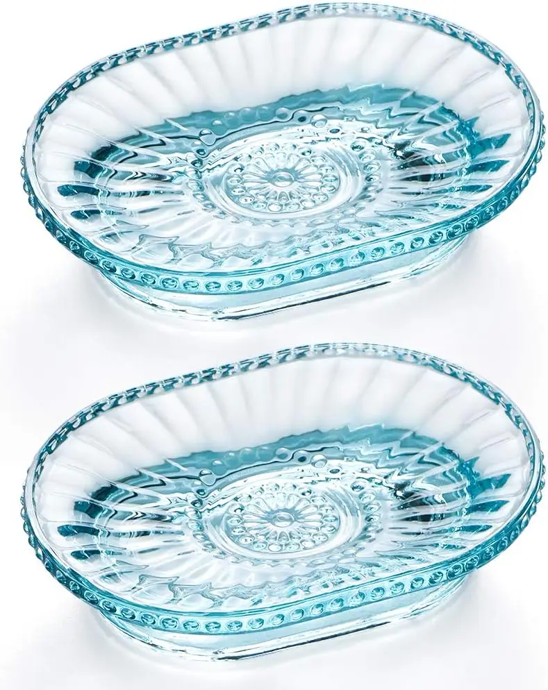 

Embossed Glass Soap Dish Holder, Vintage Decorative Soap Saver Tray for Shower Bathtub Bathroom Kitchen Sink, Pack of 2 Blue
