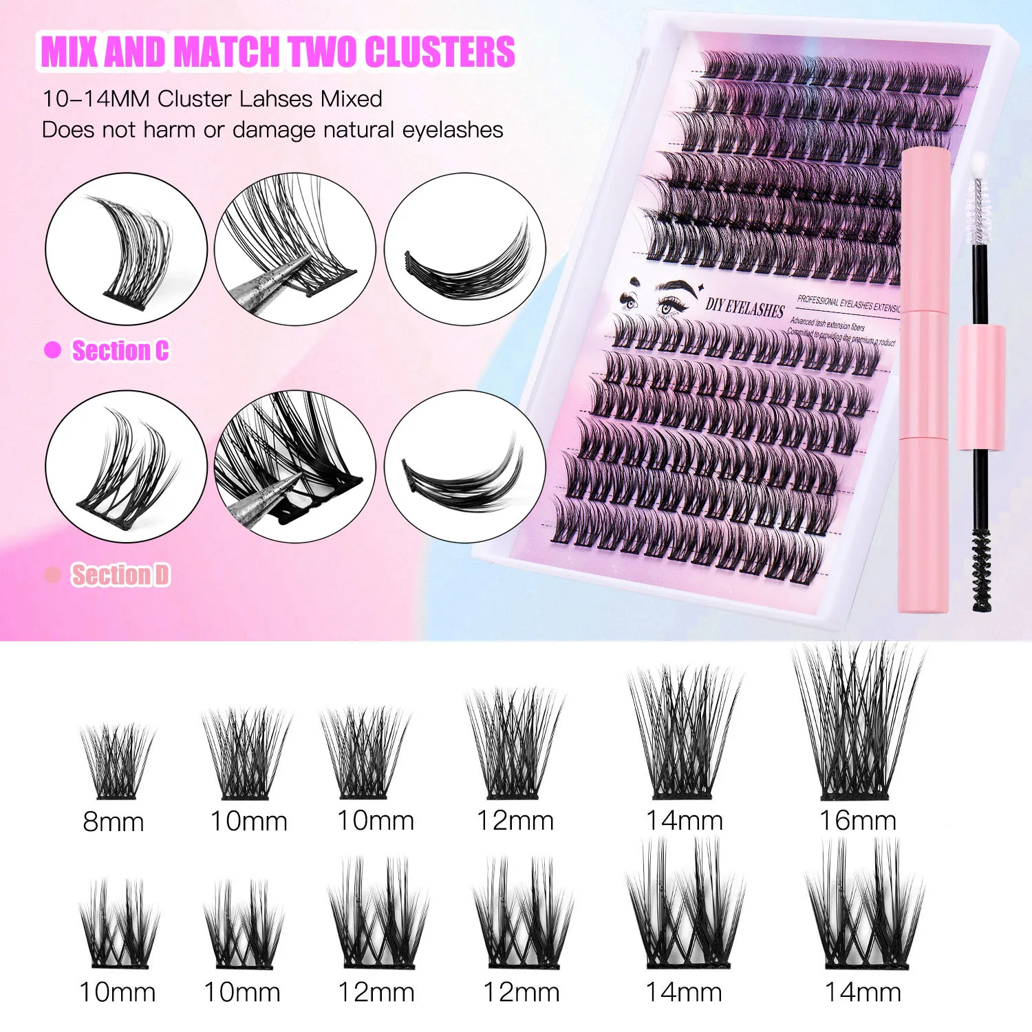 DIY Eyelash Extension Kit, 150 Pc Eyelash Clusters, Super Fixed Mascara Brush Bonding and Sealing Eyelash Glue and Eyelash Smearers and Tweezers and Eyelash Cluster Kit (0.07Mm-8-16Mm Mix Kit)