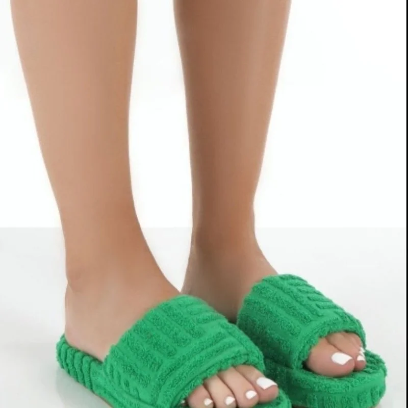 Zapatillas planas de pana para mujer, chanclas de suela gruesa con punta abierta de marca de lujo, color verde, para verano y otoño