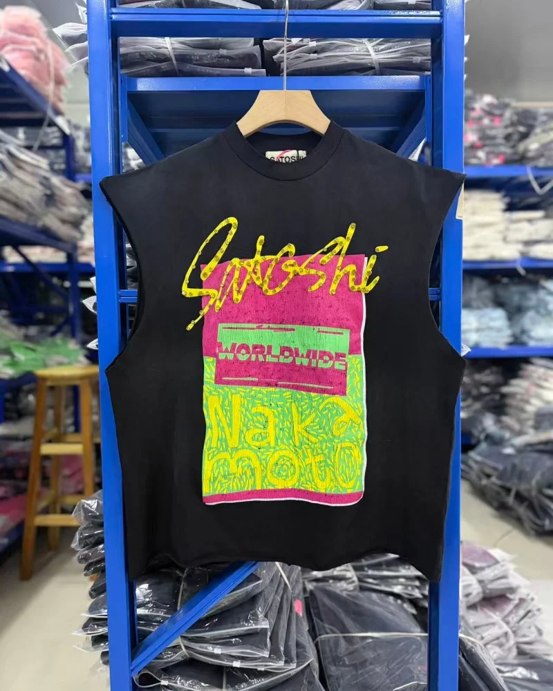 Black Crew Neck Summer, Satoshi Nakamoto Cup Half Full Logo Washed Studs Men Women Sports Tank Top T-Shirt