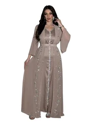 Eid Muslim Party Dress for Women Abaya 2 Piece Set Chiffon Diamond Ramadan Long Dress Belt Kaftan Vestidos Largos Robe Jalabiya