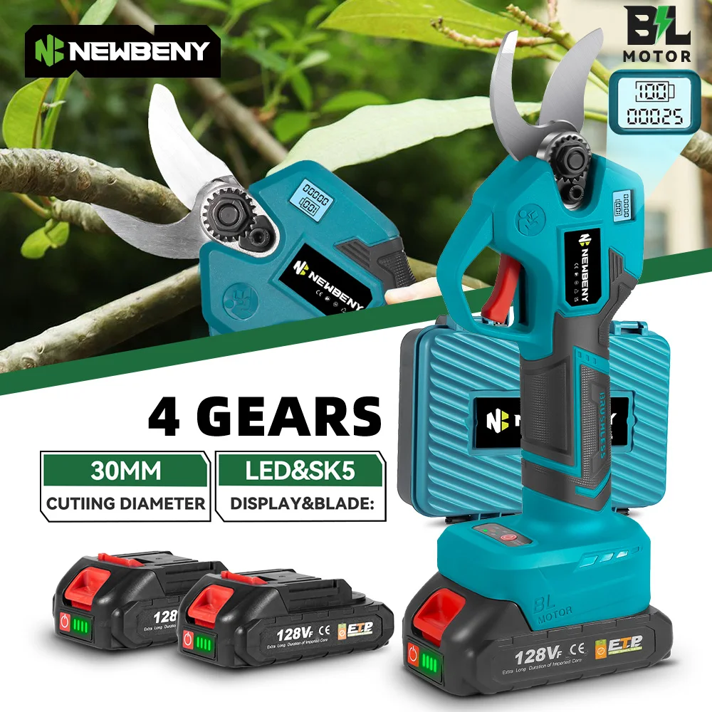 NEWBENY 30mm Akumulatorowe Bezszczotkowe Elektryczne Nożyce do Przycinania 4-biegowe Narzędzie do Przycinania Drzew Owocowych, Ogrodów i Bonsai, Kompatybilne z Akumulatorami Makita