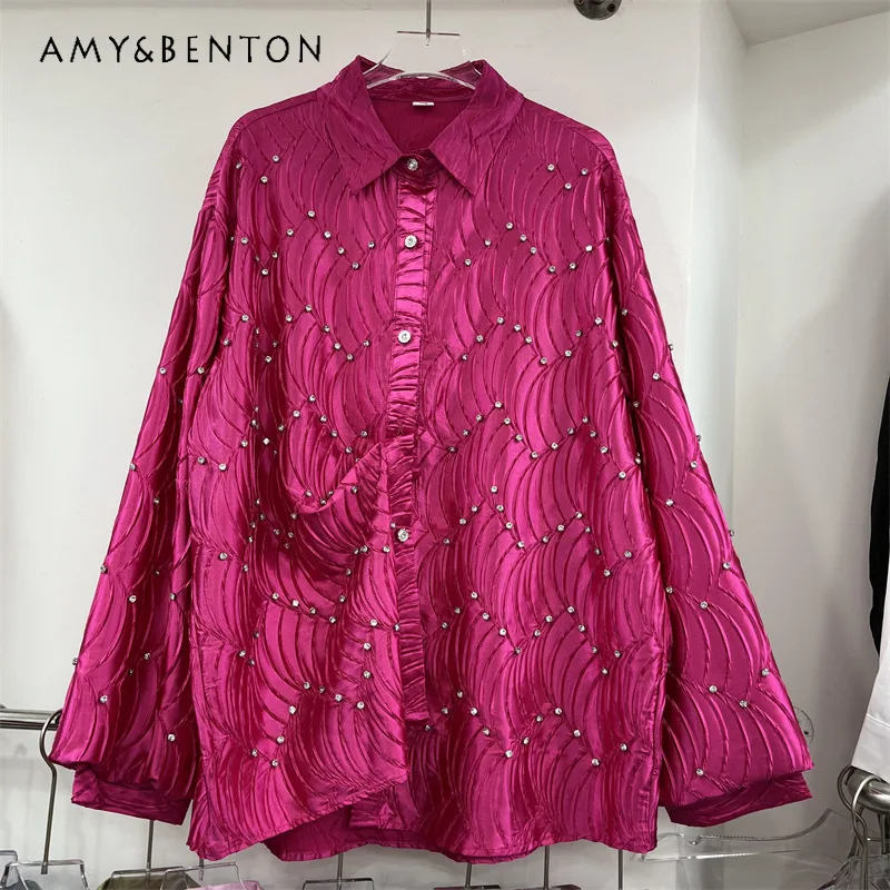 

Gentle Socialite Light Luxury Heavy Industry Diamond Drills Cardigan Shirt Women's Spring Autumn Versatile Loose Slimming Blouse