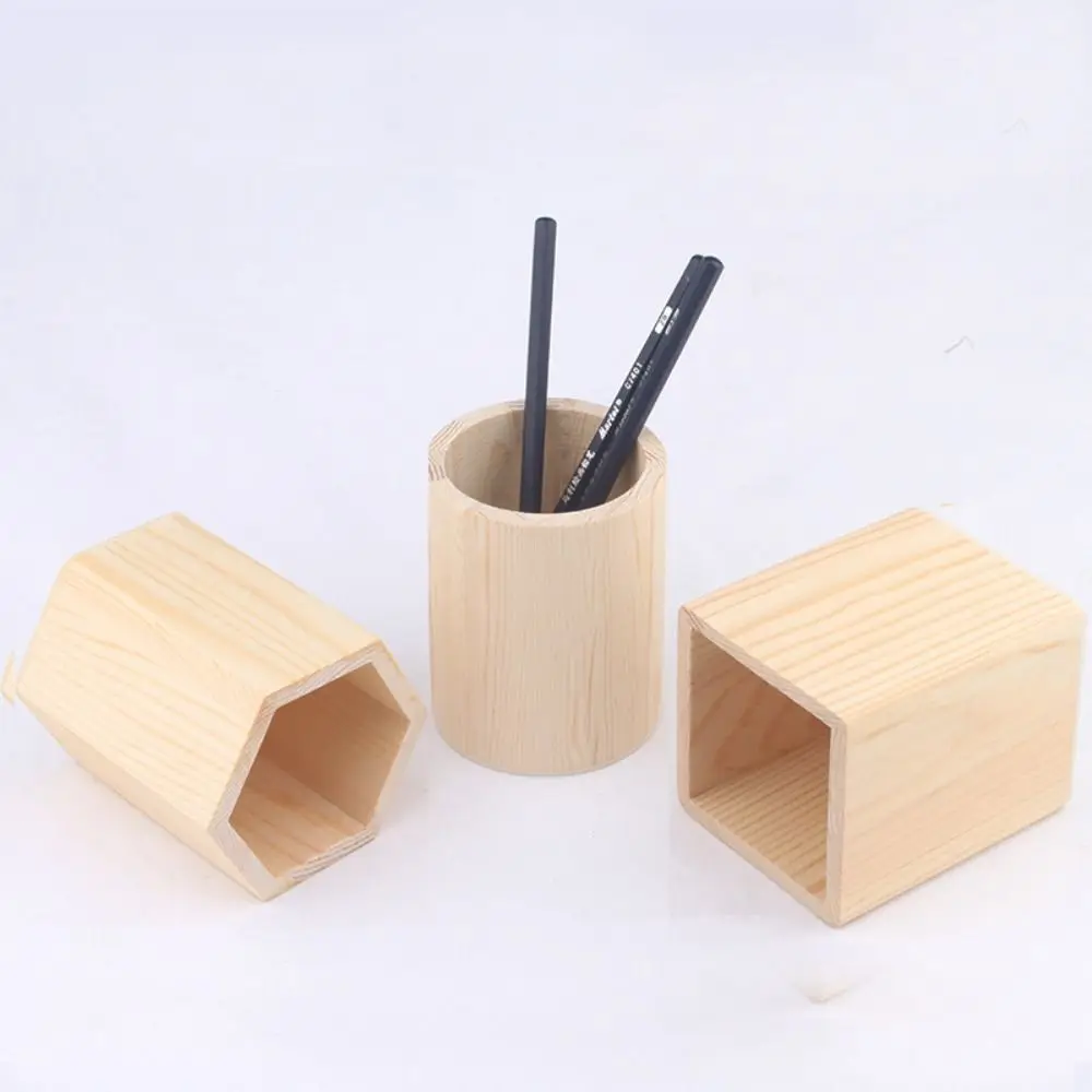 Multi-functional Wooden Pen Holder DIY Painting Round/Hexagonal/Square Pen Container Desktop Organizer Gift