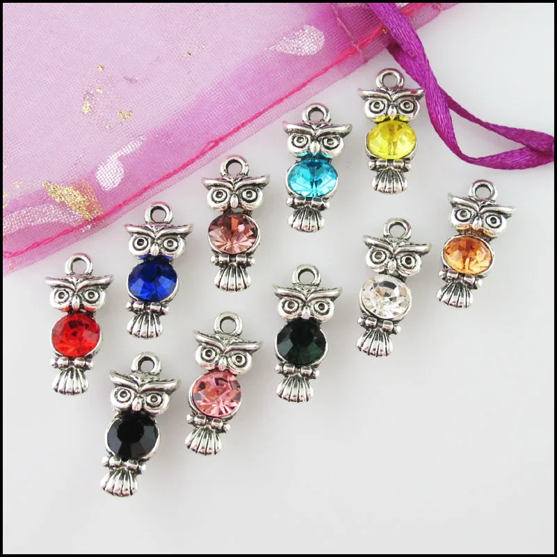 10Pcs Mixed Crystal Antique Silver Color Animal Owl Charms Pendants 10.5x22mm