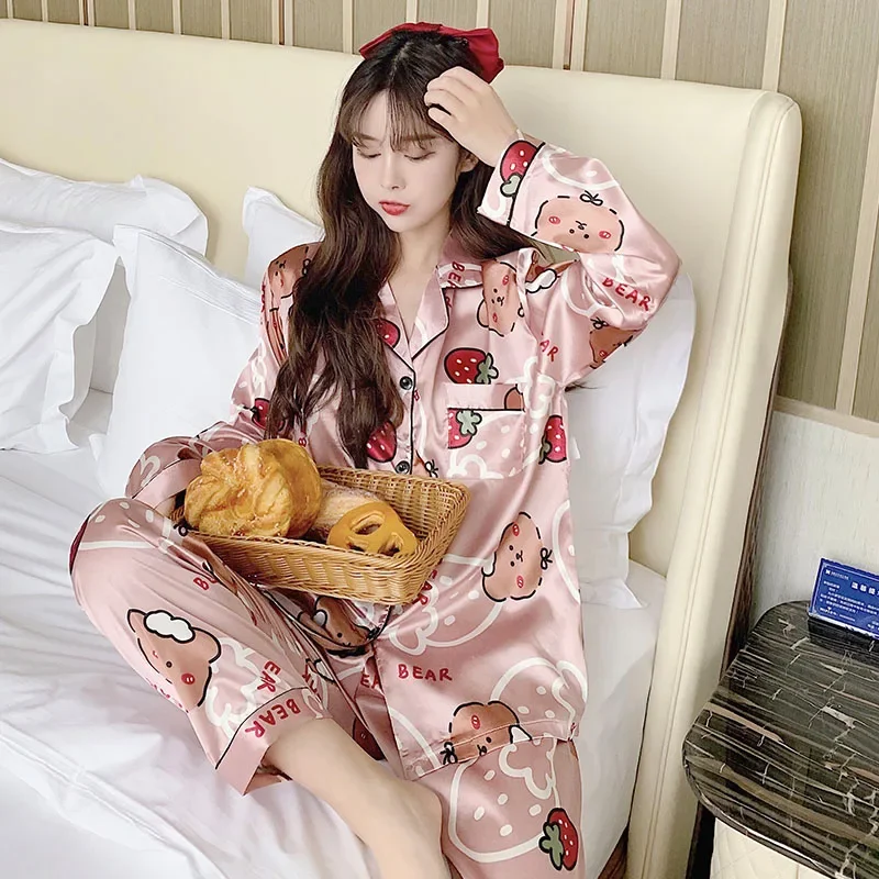 Women Sleepwear spring Pajamas Set for women Fake Silk Print Sweet Pijama Set Girl Nightgown Loose Waist Long Pant Silk Pajamas