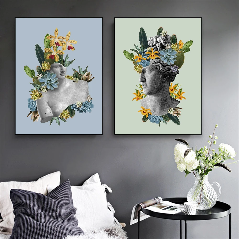 Nordic Canvas Painting Colorful Abstract Flower Poster Ancient Greek Statue with Flowers Print Minimalist Home Living Room Decor