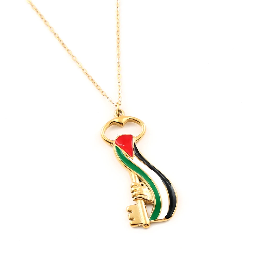 Arabic Palestine Map Flag Key Hand Necklace for Women Men Stainless Steel Enamal Gold Color Chain Jewelry Accessories Collar