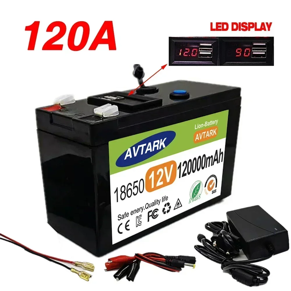 NOVO LiFePO4 12V 120000 Bateria recarregável portátil mAh embutida 5V 2.1A USB Power Display Porta de carregamento com carregador + 12,6V