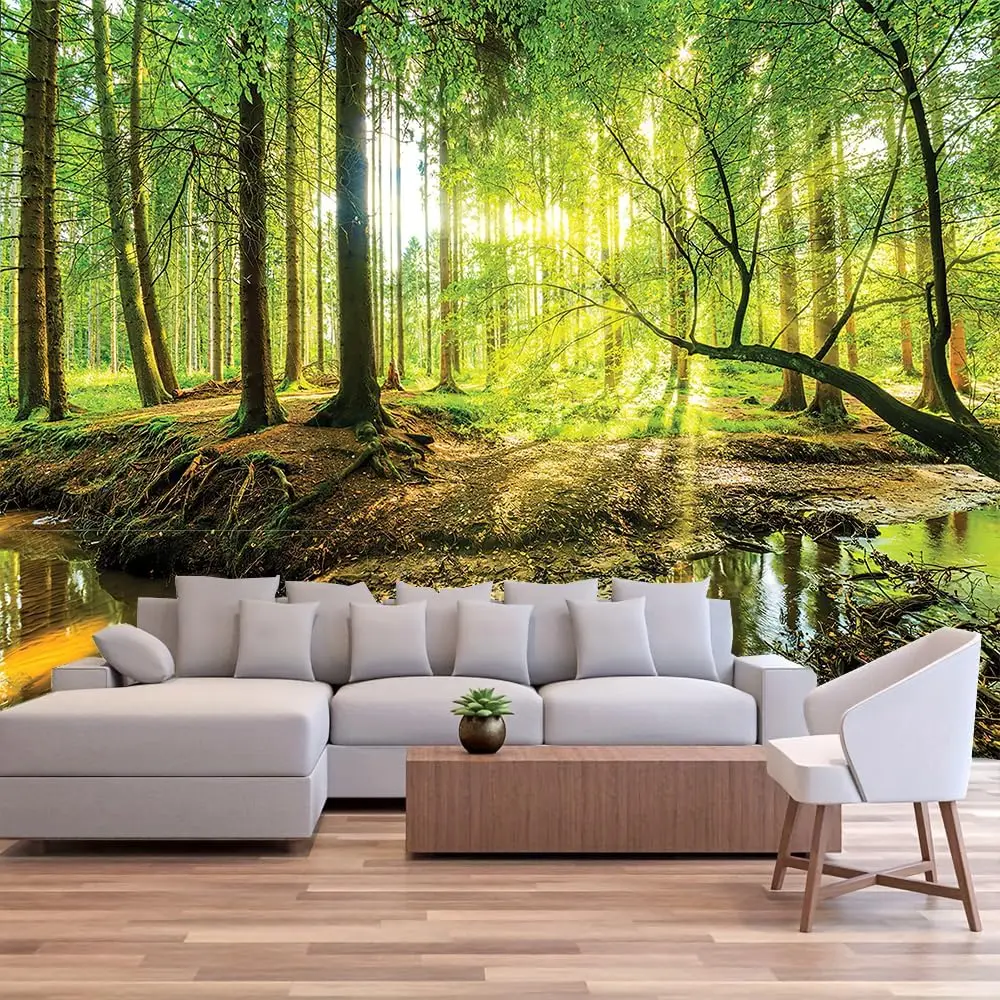 Forest Trunk Tapestry – Green Trees Bathed in Sunlight Wall Art for Living Room, Bedroom or Dorm Decor
