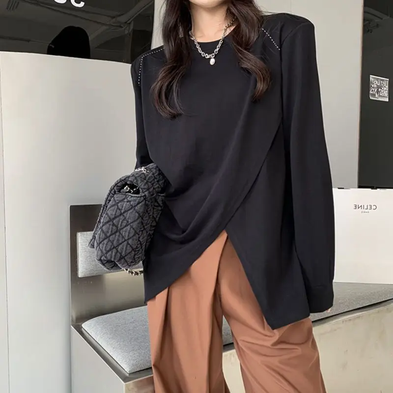 

Trend Irregular Loose Tops Tees Spring Autumn New Long Sleeve Solid Simplicity Korean T Shirts Casual Fashion Women Clothing