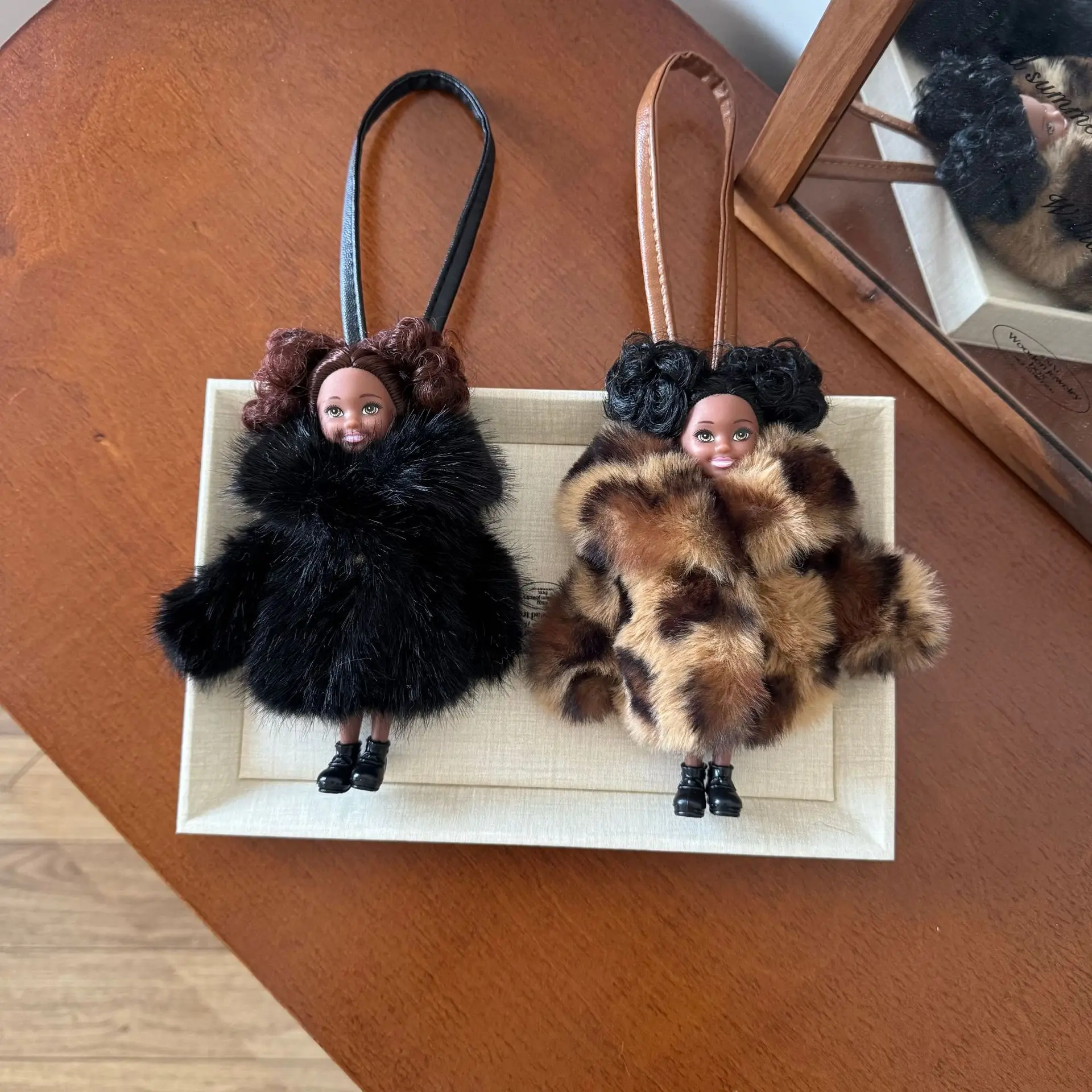IGNICASE Leopard Print Clothes Black Leather Doll Pendant Extravagant Fashion Small Bag Accessories Niche Bag Pendant Keychain