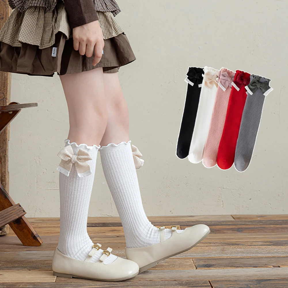 3-8T Children's Socks 5 Colors Thin Girls' Knee Socks Kids Straight Tube Socks Cute Bow Girls Knee-high Socks