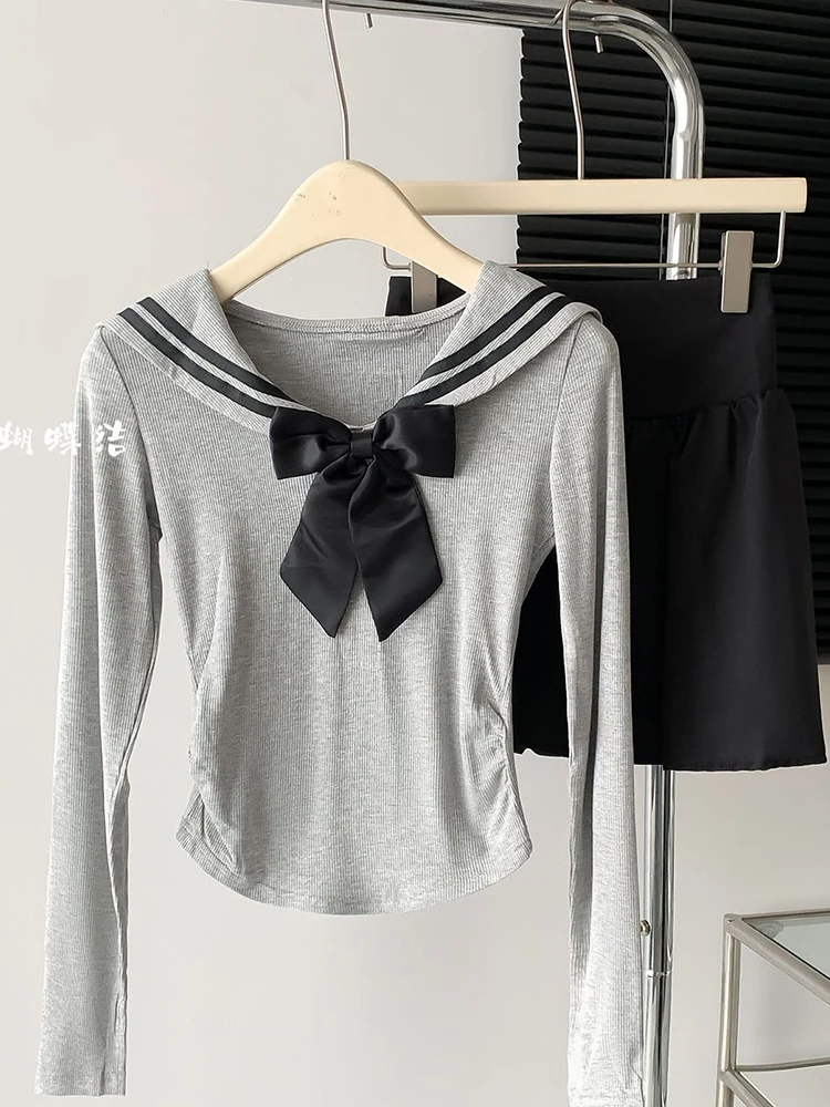 Autumn Winter Japanese Gyaru Cute Core JK Preppy Korean Women Outfits 2 Piece Set Long Sleeve Sailor Collar Bow Top + Mini Skirt