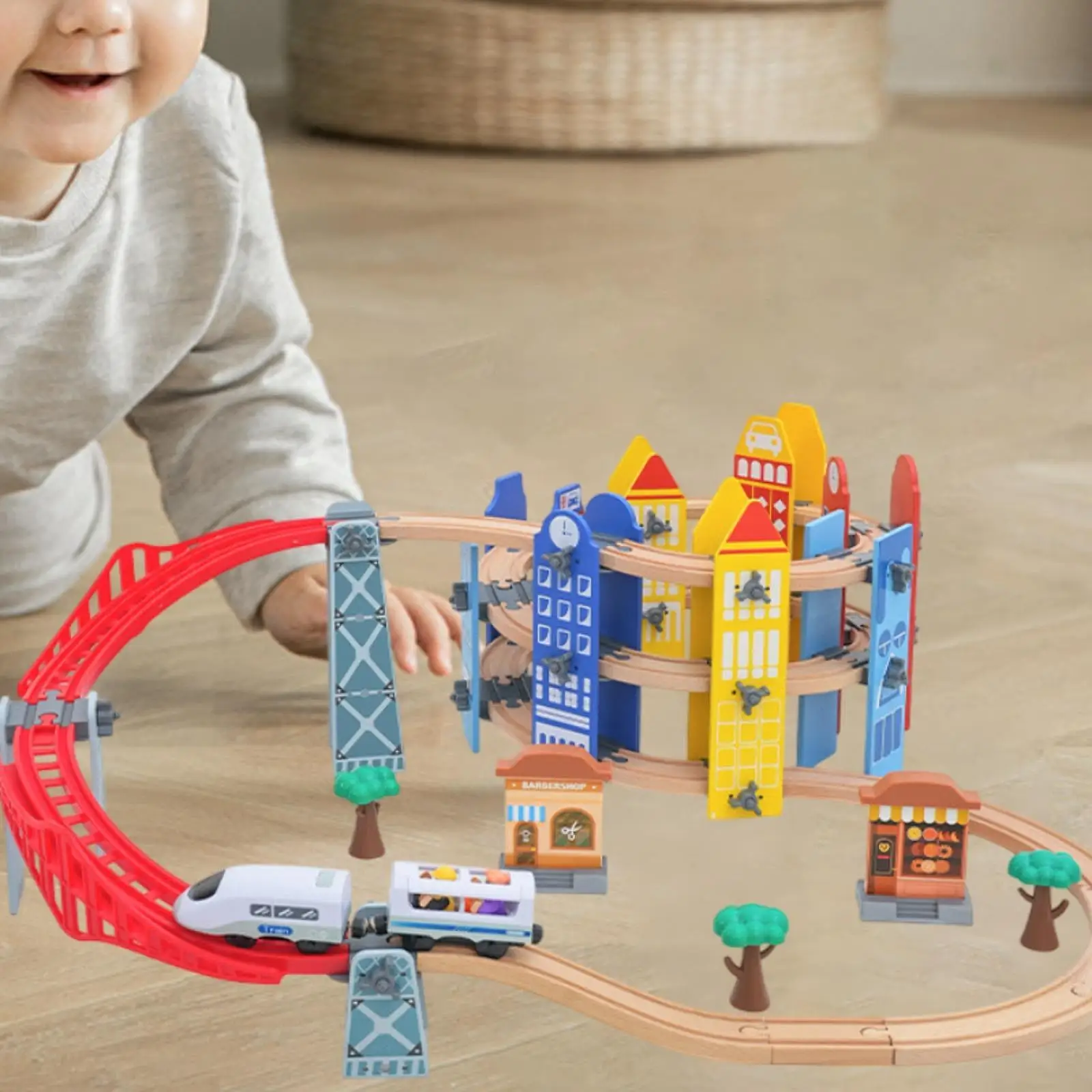

Wooden Train Set Motor Activity Toy Kids Interactive Train Playset for Preschool Boys Girls Kindergarten Kids Birthday Gifts