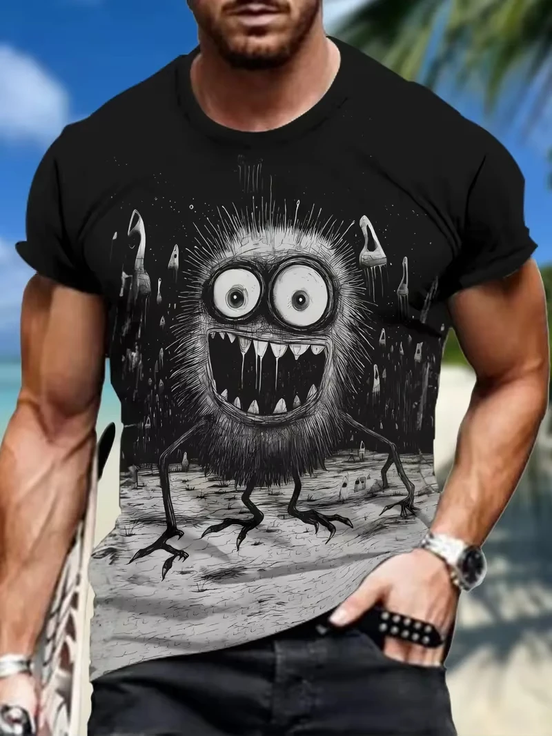 T-shirt For Men Funny Monster Graphic Casual Cartoon Cute 3D Printed Short Sleeve O Neck Pullover Streetwear Oversized Clothing