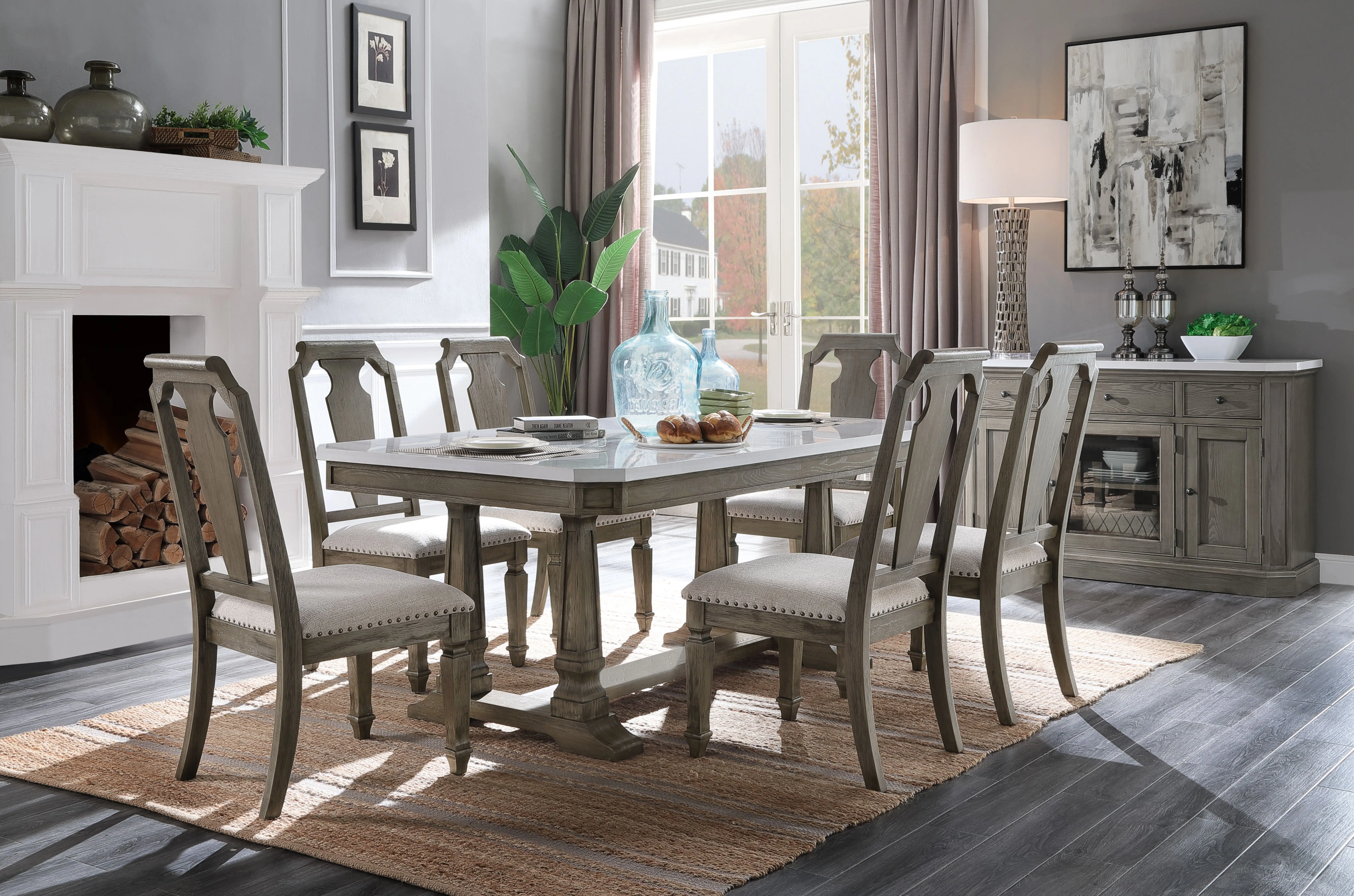 ACME Zumala Dining Table, Marble & Weathered Oak Finish