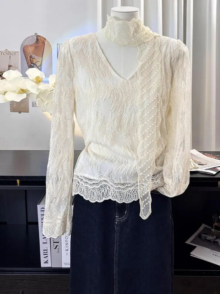 

French Vintage Women Beige Lace Embroidery V Neck Long Sleeve Shirt Spring Elegant Holiday Short Tops Popular Versatile Clothes