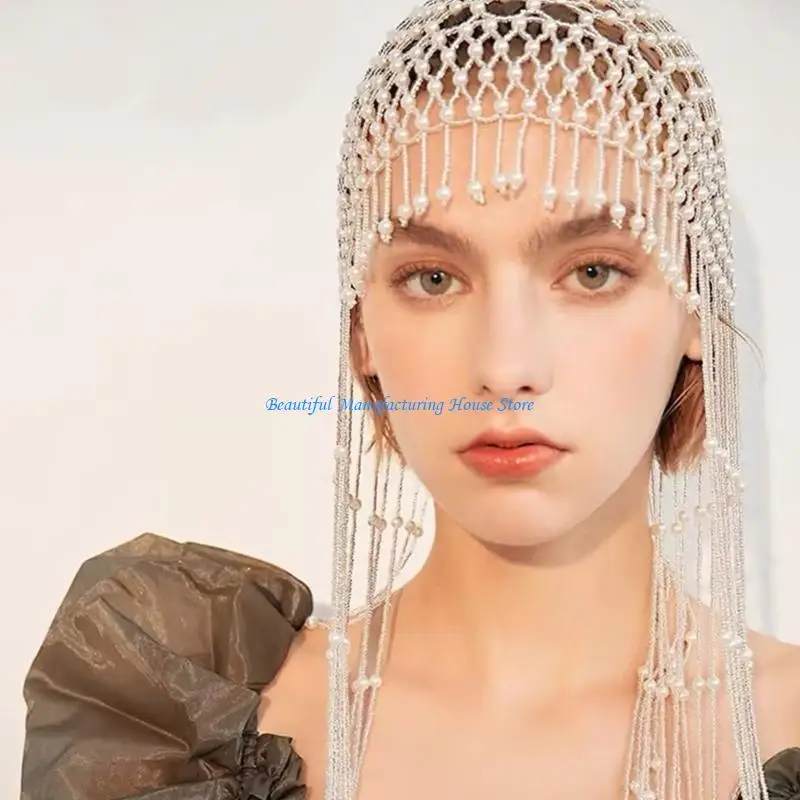 

E56A Dazzling Pearls Beaded Headwrap with Long Fringes Dainty Headwrap Unique Hair Accessory for Parties and Weddings