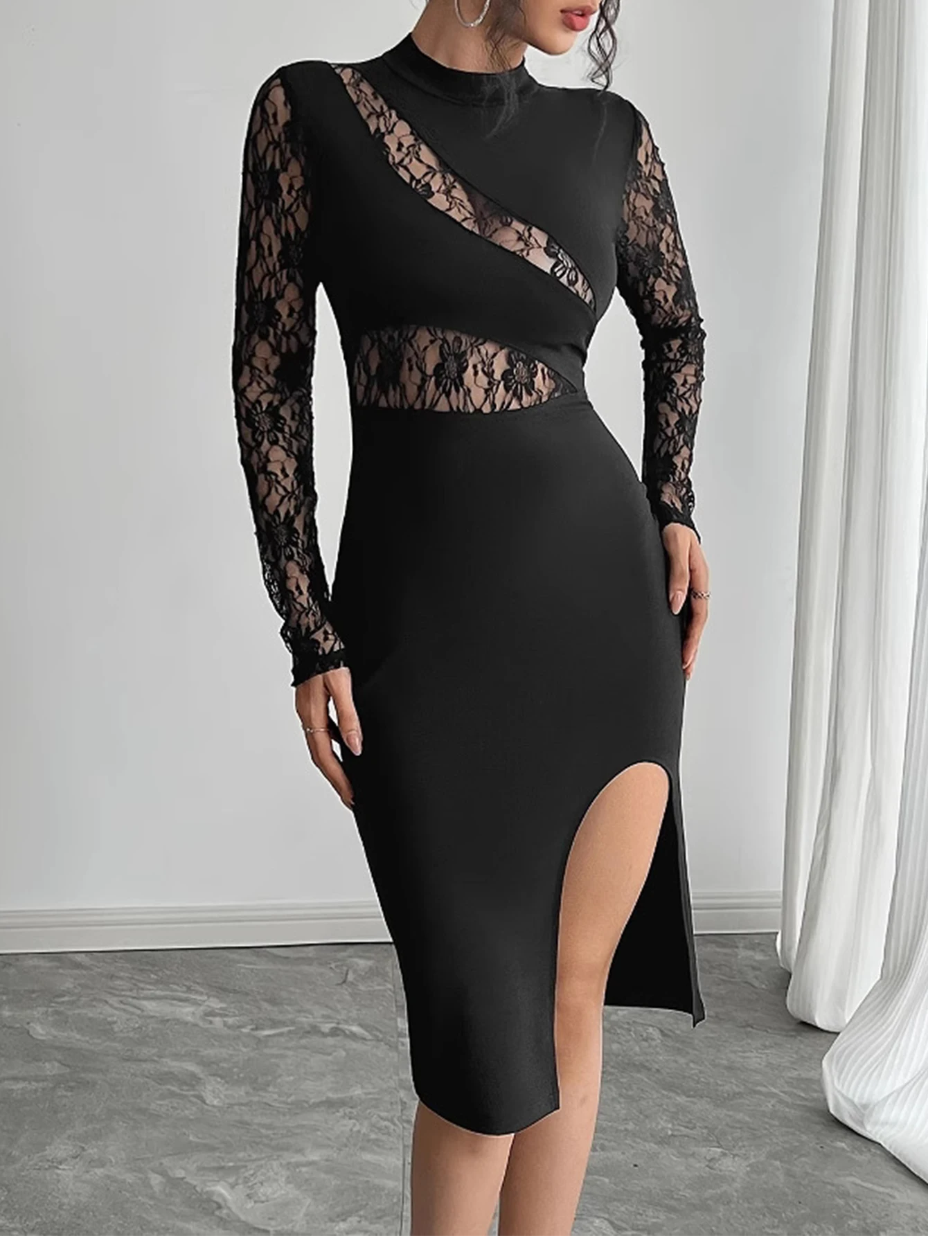 Vestido feminino cor sólida manga comprida em torno do pescoço primavera verão k-moda sexy fenda lateral bodycon vestido