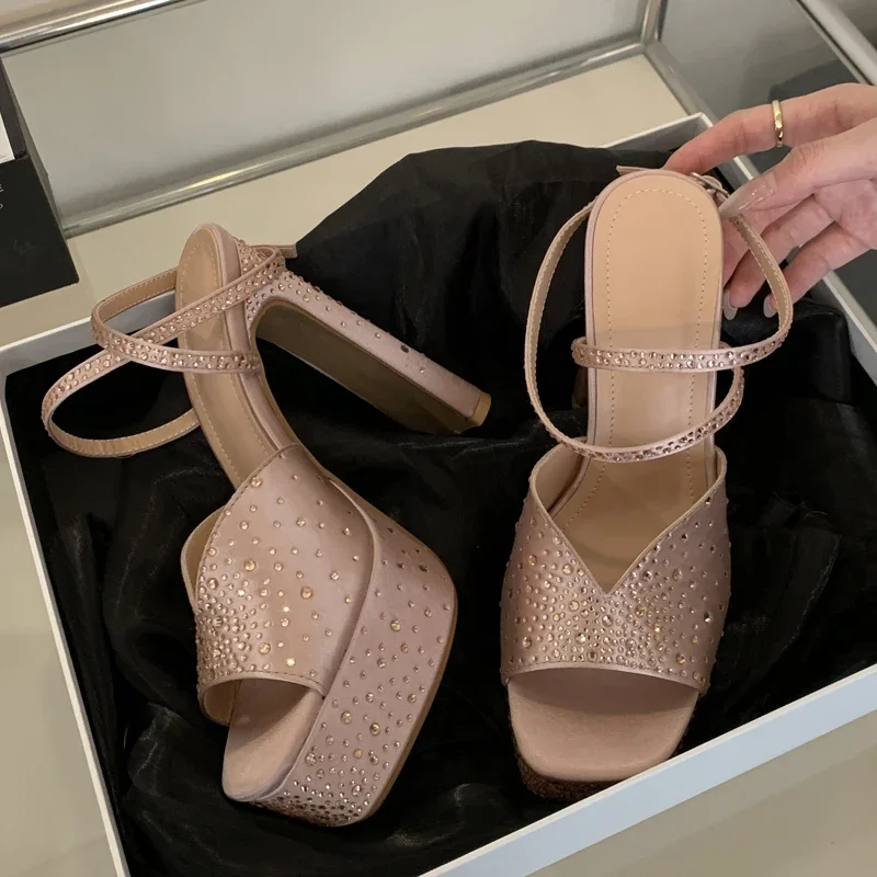 

Aneikeh New Design Crystal Shallow Square Toe Woman Sandals Sexy High Heels Ankle Buckle Strap Party Banquet Shoes