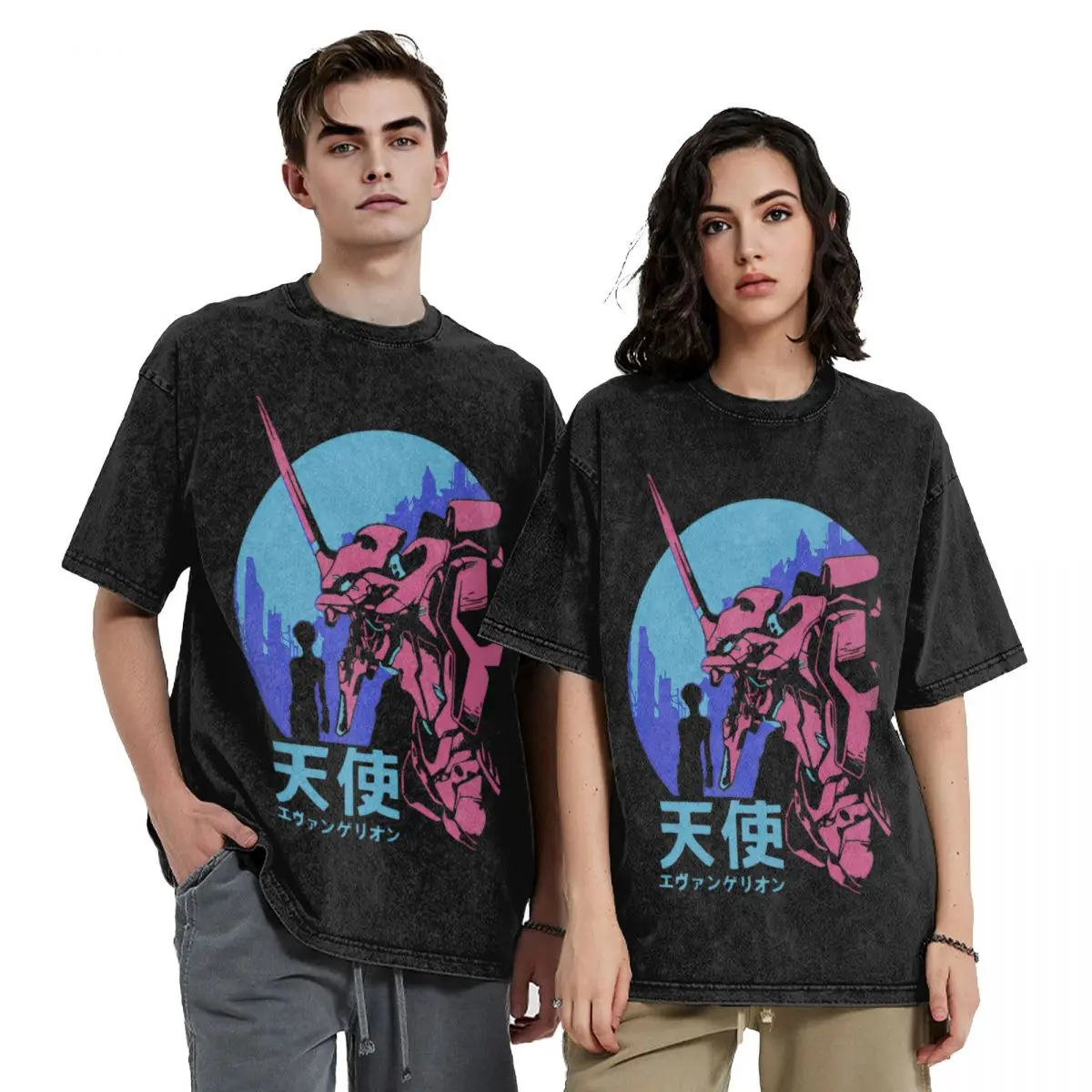 Manga Evangelions Printed T Shirts Hip Hop Washed Cotton Harajuku T-Shirt EVA Manga Vintage Men Women Tops Streetwear Clothing