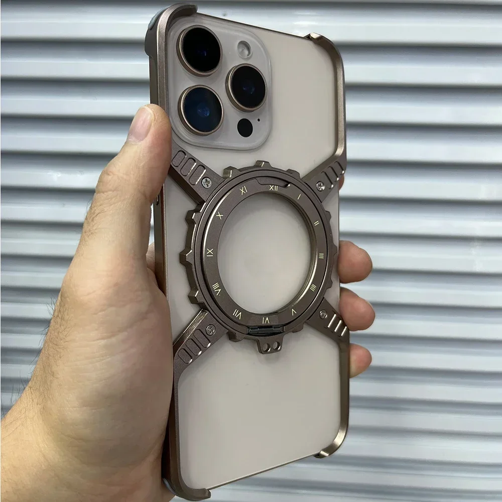Metalowe magnetyczne etui na iPhone 16 Pro Max, obudowa 16 Plus 15 14 13, aluminiowy, bezramkowy bumper ze stopu aluminium, wbudowane ochrona 360 stopni. °   Niewidoczny uchwyt — zdjęcie produktu 3