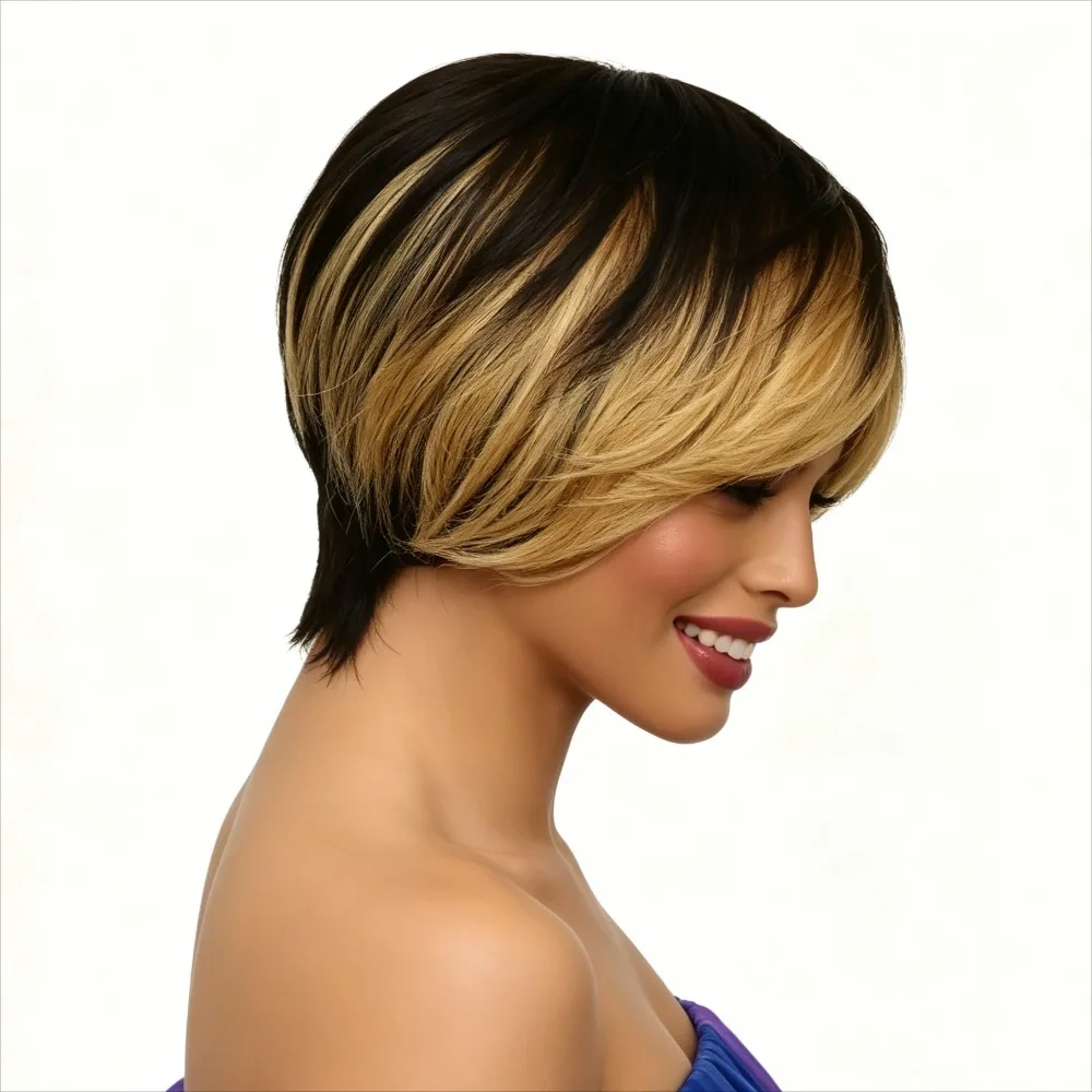 1B/27 Blonde Colored Hair Replacement Wigs Short Straight Pixie Cut Real Human Hair Professional Machine Crafted Budget Friendly