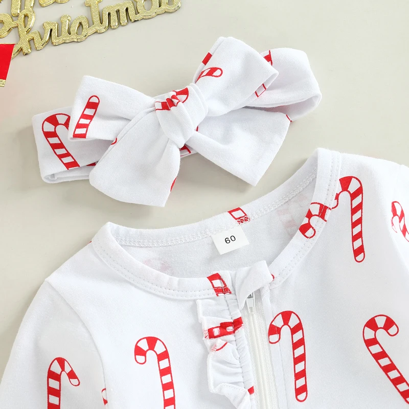 Lioraitiin 0-6M Infant Baby Girls Boys Christmas Footed Romper Crutch/Plaid/Xmas Tree Print Long Sleeve Ruffled Zipper Jumpsuit