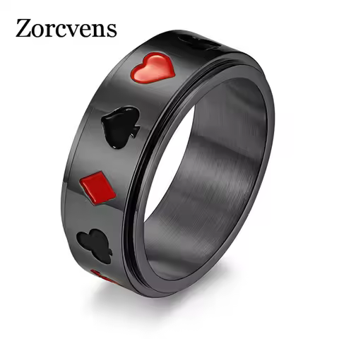 ZORCVENS 8mm Gold Silver Color Stainless Steel Rotatable Ring for Men Punk Vintage Lucky Playing Card Poker Mens Accessories