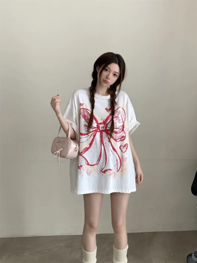 2024 Summer New Lazy Loose Medium to Large Edition Printed Bow Vitality Short Sleeve T-shirt for Women