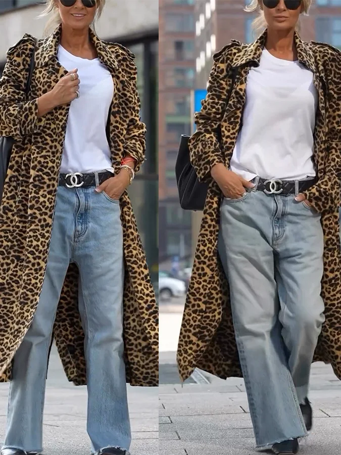 الخريف الشتاء ليوبارد طباعة معطف المرأة فضفاض غير رسمي طويل Sve بدوره إلى أسفل طوق Vintage ملابس خارجية كبيرة الحجم