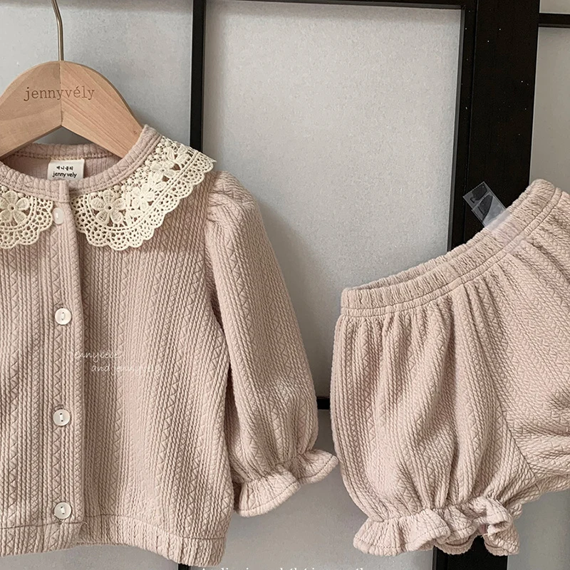 2024 New Autumn Korean Style Children Clothes Suit Long Sleeves Lace Splicing Cardigan+Shorts Newborn Baby Girls Clothing Set