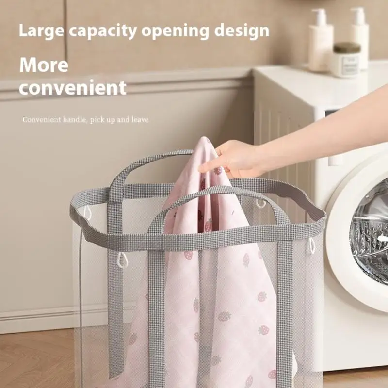 سلة غسيل شبكية من النايلون قابلة للتنفس مع مقبض قابل للطي منظم ملابس قذرة محمول حقائب تخزين ألعاب ذات سعة كبيرة