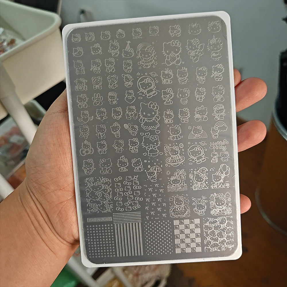3 pz Kawaii Hello Kitty Nail Stamping Piastra-Scraper-sigillo Set Nuovo 14.5*9.5 cm Kitty Punti d'onda Linee Piastra in acciaio per unghie Forniture TL