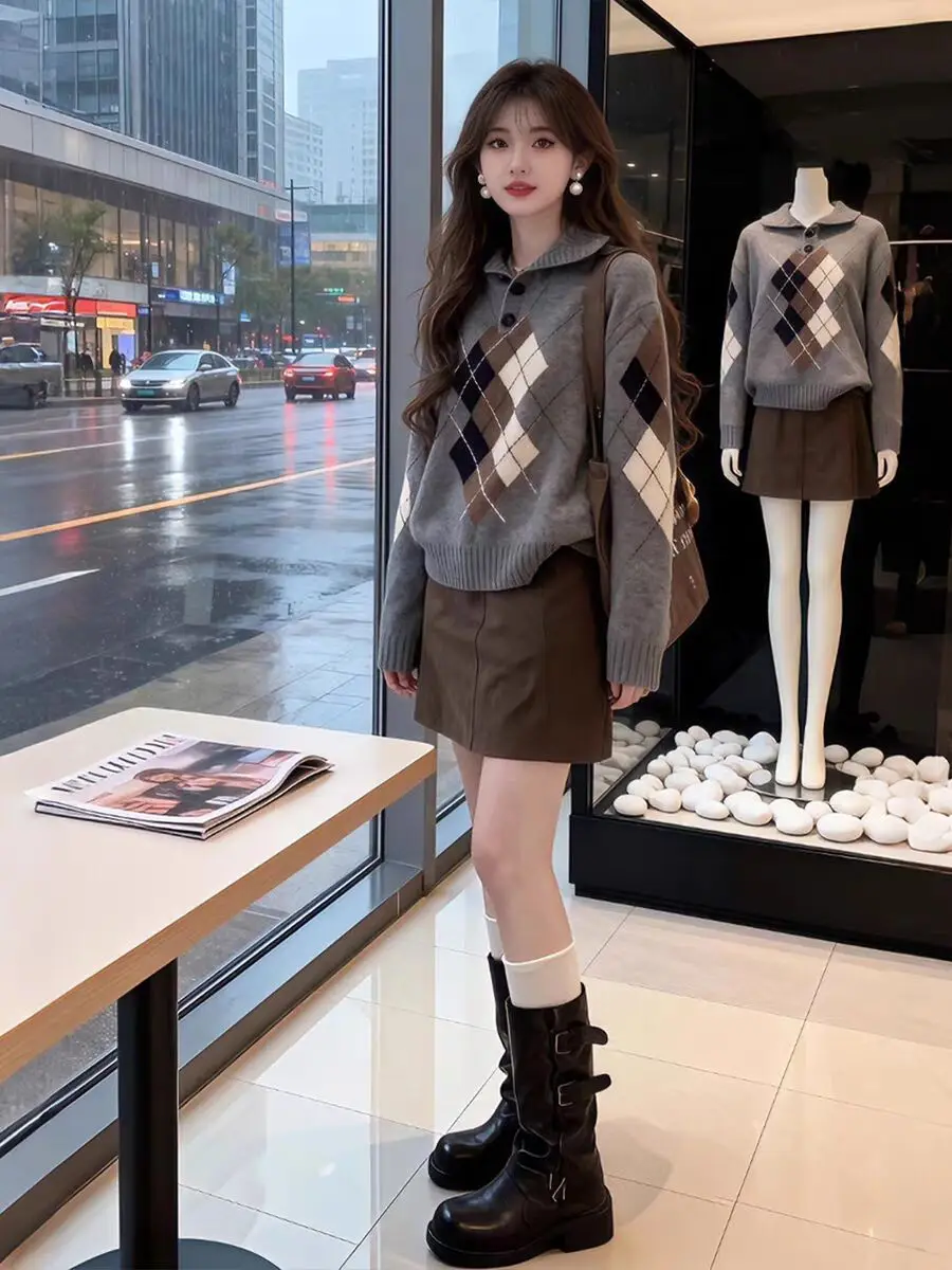 

Chic Knitted Sweater Skirt Set Women's Faion Autumn Winter High Waist ort Skirt Long Sve High Quali Polyester Fiber