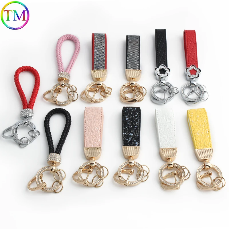 

Exquisite Diamond PU Leather Car Key Chain Custom Logo Leather Car Keychain Leather Rope keychain for men women Bags Accessories