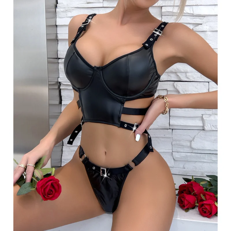 

European and American Nightclub Hot Girls PU Motorcycle Sexy Leather Vest Lingerie Uniform Temptation Erotic Set for Women