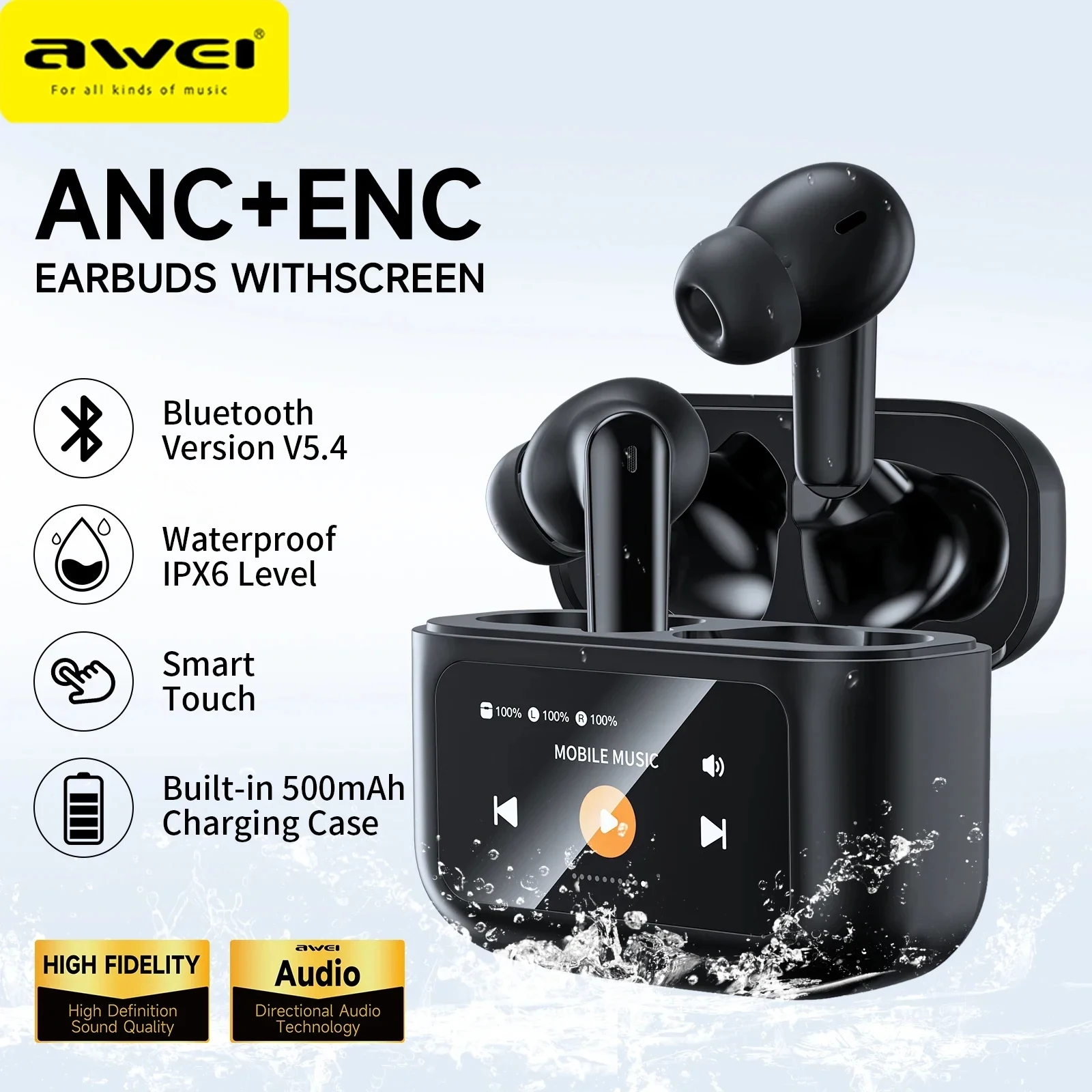 AWEI T56 ANC Wireless Bluetooth V 5.4 Earphones Noise Reduction Headphones Full-Color LED Touchscreen TWS Sport Headest With Mic