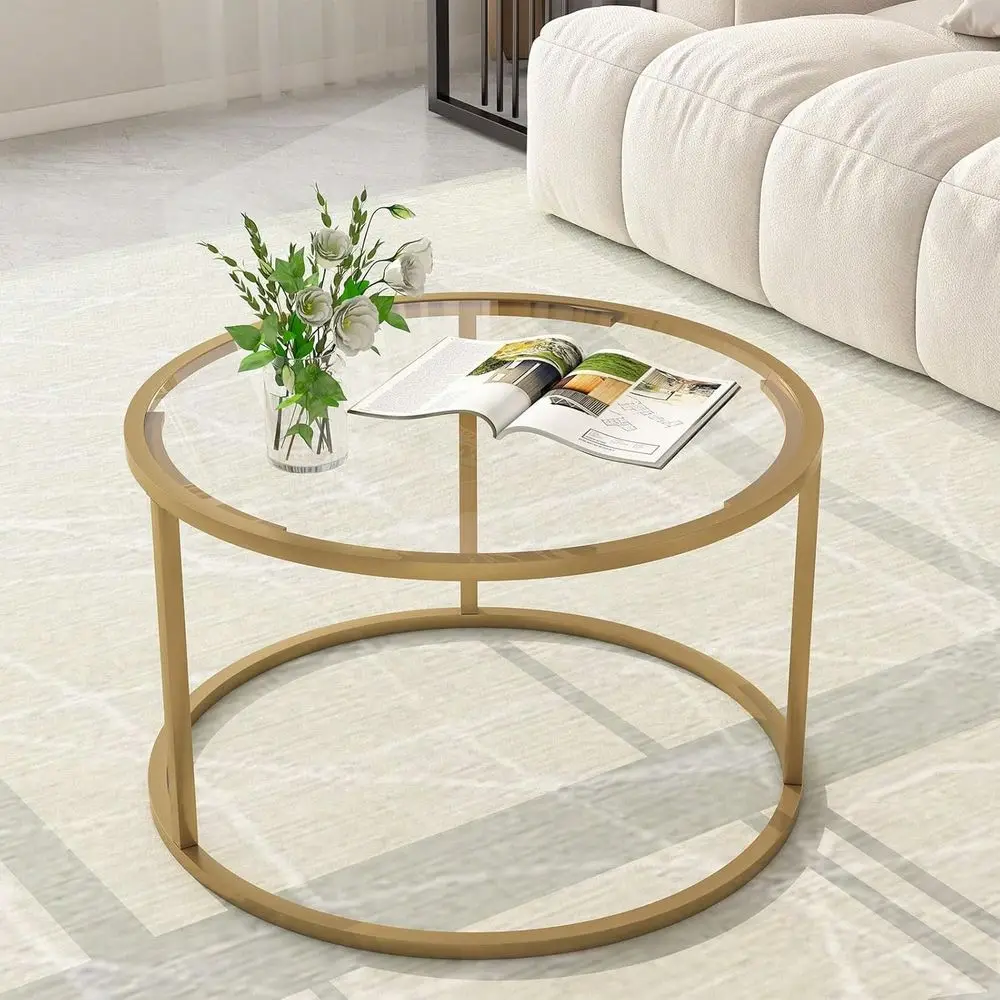 

Coffee Table,Round Gold Coffee Table For Small Space,27 Modern Center Table,Glass Top Clear Coffee Table With Sturdy Metal Fram