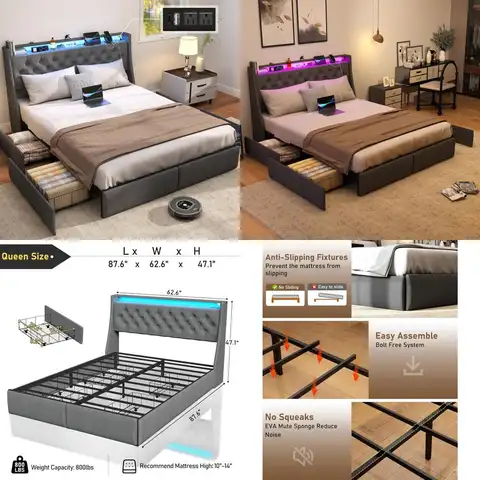 struttura letto queen size in metallo con testiera portaoggetti, 4 cassetti, luci a led e stazione di ricarica