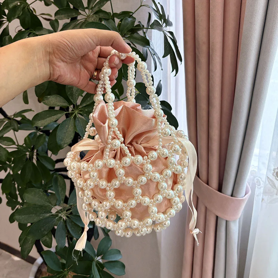 

French temperament lady pearl handbag simple handmade beaded hollow messenger bag bucket small bag