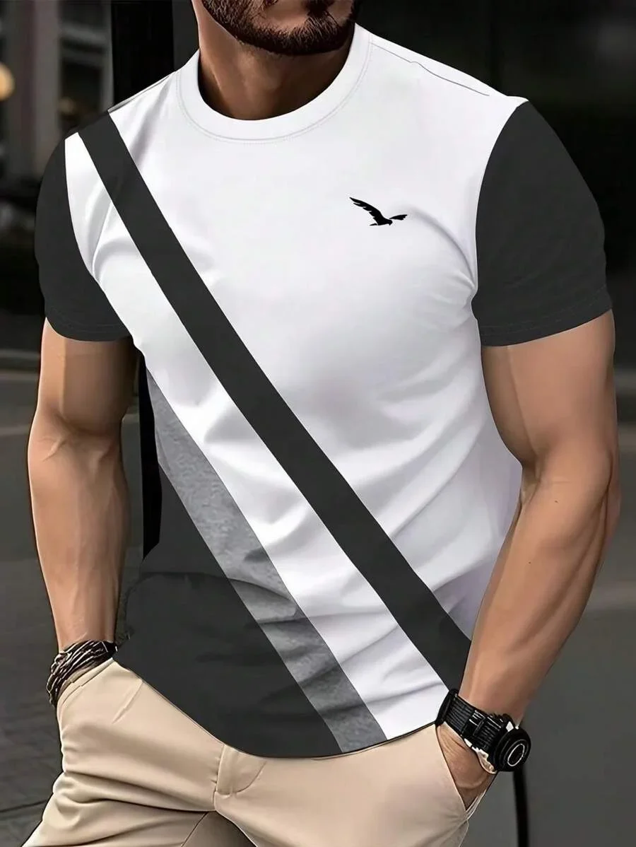 Fashion Men's Crew Neck Short Sleeve T-Shirt Color Block Stripe Graphic T Shirts for Men Summer Casual Daily Tee Tops