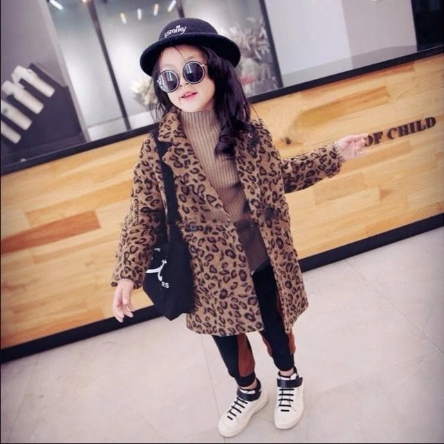 Girls Woolen Coat 2024 New Korean Winter Outfit with Fashion Leopard Print Children Clothes Warm Baby Woolen Coat Trend