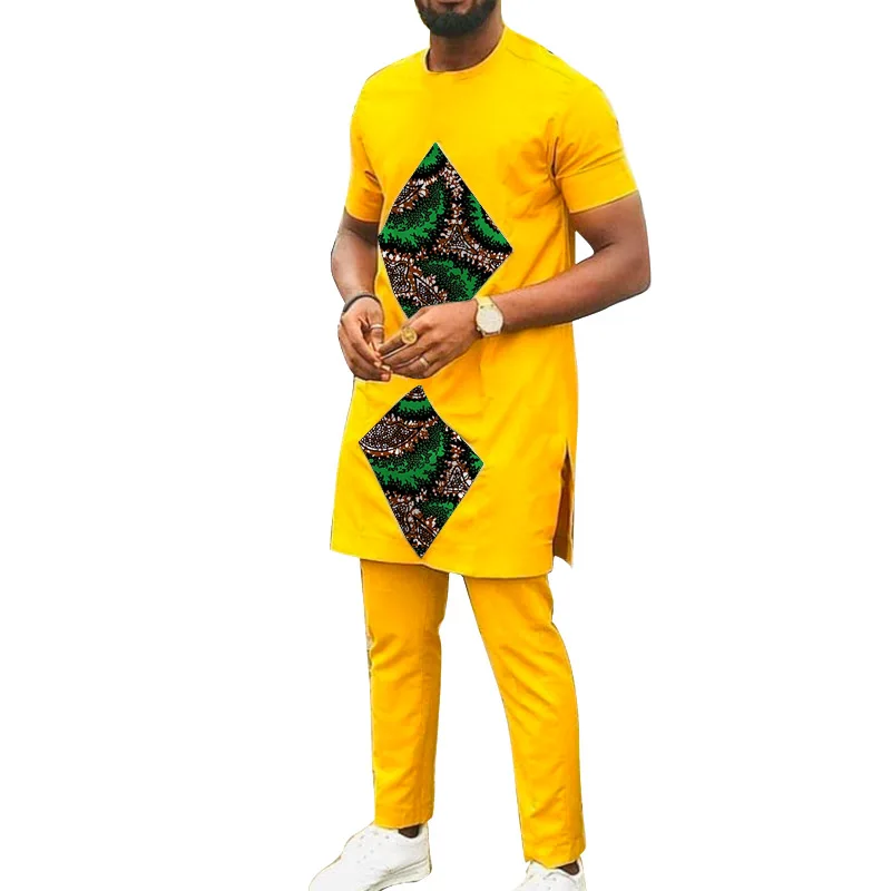 Rhombus Print Patchwork Men\'s Top Sets Yellow Cotton African Suits Male Outfits T Shirts With Pants Wedding Garment Customized