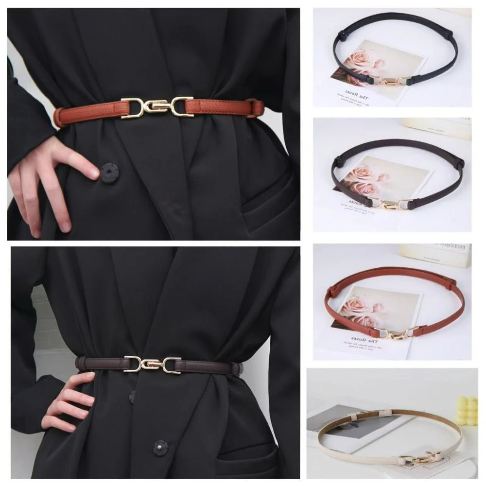 

Faux PU Leather Women's Thin Belt Gold Color Buckle Adjustable Waistband Vintage Simple Design Skinny Waist Belts